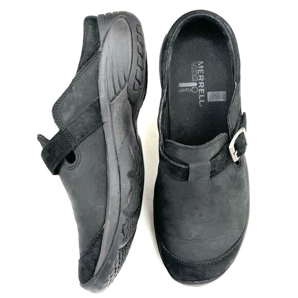 Merrell Encore Buckle Black Nubuck Leather Slip On Mules Clogs Shoes Womens 8.5 - Picture 10 of 12